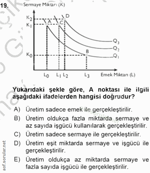 19. soru: Sermaye Miktarı (K) TAT O Ko LO L, L2 Emek Miktan (L) Yukarıdaki şekle göre, A noktası ile ilgili aşağıdaki ifadelerd…