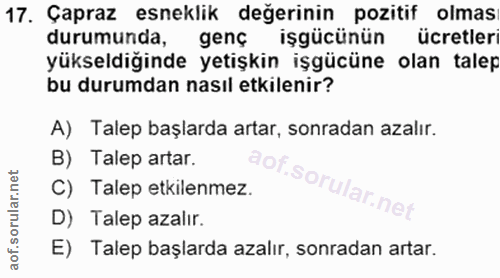 17. soru: Çapraz esneklik degerinin pozitif olmas durumunda, genç işgücünün ücretler yükseldiğinde yetişkin işgücüne olan talep…