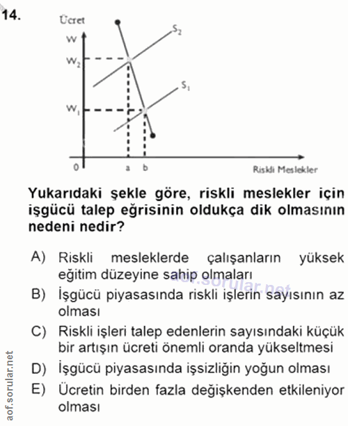 14. soru: Ucret W Riskli Meslekler Yukarıdaki şekle göre, riskli meslekler için işgücü talep eğrisinin oldukça dik olmasının ne…
