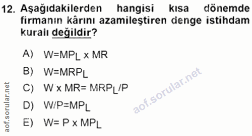 12. soru: Aşağıdakilerden hangisi kısa dönemde firmanın kârını azamileştiren denge istihdam kuraiı değildir? A) W=MPL x MR B) W…