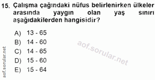 15. soru: Çalışma çağındaki nüfus belirlenirken ülkeler arasında yaygın olan yaş Sınırı aşağıdakilerden hangisidir? A) 13 - 65…