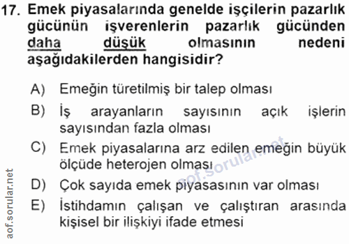 17. soru: Emek piyasalarında genelde işçilerin pazarlık gücünün işverenlerin pazarlık gücünden daha düşük olmasının nedeni aşağ…