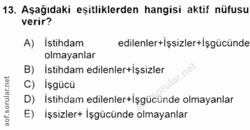 13. soru: Aşağıdaki eşitliklerden hangisi aktif nüfusu verir? A) Istihdam edilenler+işsizler+İşgücünde olmayanlar B) istihdam e…