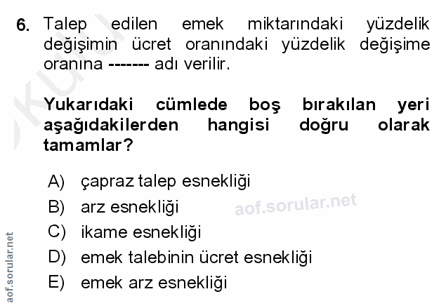 6. soru: Talep • edilen emek miktarındaki yüzdelik değişimin ücret oranındaki yüzdelik değişime oranına ----- adı verilir. Yuk…