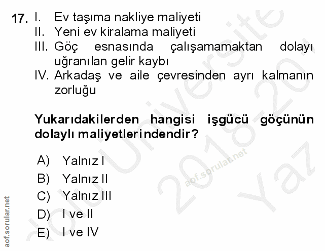 17. soru: 1. Ev taşıma nakliye maliyeti Il. Yeni ev kiralama maliyeti IlI. Göç esnasinda çalışamamaktan dolayı ugranılan gelir…