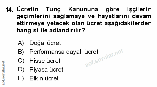 14. soru: Ücretin Tunç Kanununa göre işçilerin geçimlerini sağlamaya ve hayatlarını devam ettirmeye yetecek olan ücret aşağıdak…