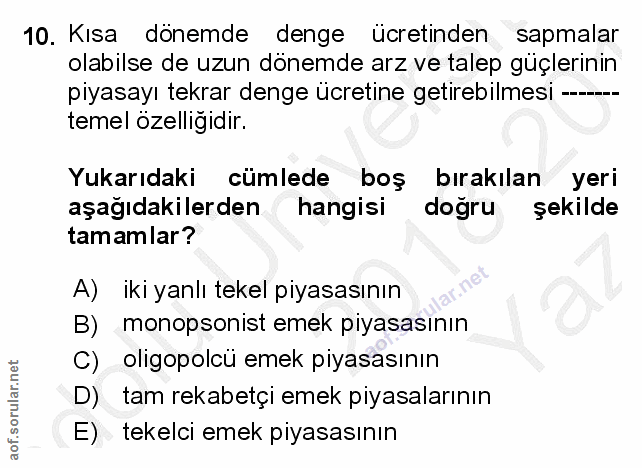 10. soru: Kısa dönemde denge ücretinden sapmalar olabilse de uzun dönemde arz ve talep güçlerının piyasayı tekrar denge ücretin…