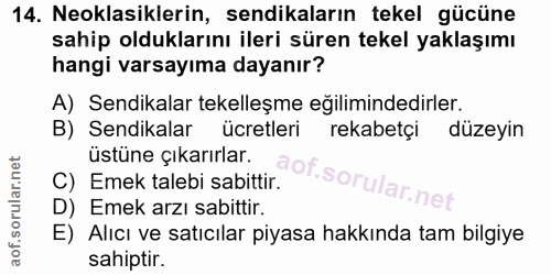 14. soru: Neoklasiklerin, sendikaların tekel gücüne sahip olduklarını ileri süren tekel yaklaşımı hangi varsayıma dayanır? A) S…