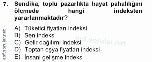 7. soru: Sendika, toplu pazarlıkta hayat pahalılığını ölçmede hangi indeksten yararlanmaktadır? A) Tüketici fiyatları indeksi…
