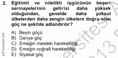 2. soru: Eğitimli ve nitelikli işgücünün beşeri sermayelerinin getirisi daha yüksek olduğundan, genelde daha yoksul ülkelerden…