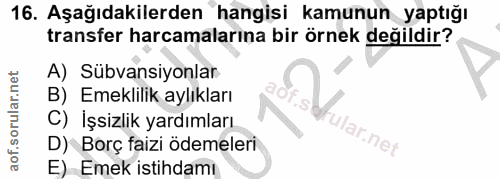 16. soru: Aşağıdakilerden hangisi kamunun yaptığı transfer harcamalarına bir örnek değildir? A) Sübvansiyonlar B) Emeklilik ayl…