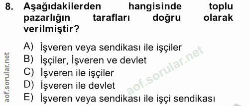 8. soru: Aşağıdakilerden hangisinde toplu pazarlığın tarafları doğru olarak verilmiştir? A) İşveren veya sendikası ile işçiler…