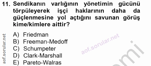 11. soru: Sendikanın varlığının yönetimin gücünü törpüleyerek işçi haklarının daha da güçlenmesine yol açtığını savunan görüş k…