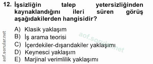12. soru: İşsizliğin talep yetersizliğinden kaynaklandığını ileri süren görüş aşağıdakilerden hangisidir? A) Klasik yaklaşım B)…