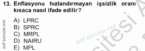 13. soru: Enflasyonu hızlandırmayan işsizlik oranı kısaca nasıl ifade edilir? A) LPRC B) SPRC tesl C) MRPL D) NAIRU E) MPL