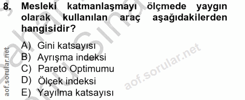 8. soru: Mesleki katmanlaşmayı ölçmede yaygın olarak kullanılan araç aşağıdakilerden hangisidir? A) Gini katsayısı B) Ayrışma…