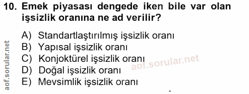 10. soru: Emek piyasası dengede iken bile var olan işsizlik oranına ne ad verilir? A) Standartlaştırılmış işsizlik oranı B) Yap…