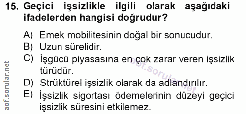 15. soru: Geçici işsizlikle ilgili olarak aşağıdaki ifadelerden hangisi doğrudur? A) Emek mobilitesinin doğal bir sonucudur. B)…
