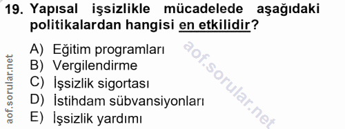 19. soru: Yapısal işsizlikle mücadelede aşağıdaki politikalardan hangisi en etkilidir? A) Eğitim programları B) Vergilendirme C…