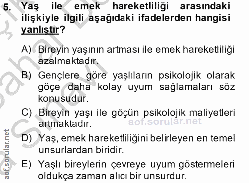 5. soru: Yaş ile emek hareketliliği arasindaki ilişkiyle ilgili aşağıdaki ifadelerden hangisi yanlıştır? A). Bireyin yaşının a…