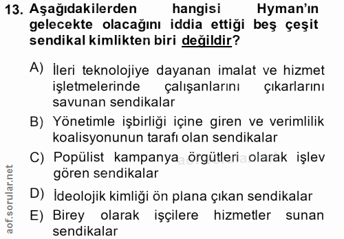 13. soru: Aşağıdakilerden hangisi Hyman'ın gelecekte olacağını iddia ettiği beş çeşit sendikal kimlikten biri değildir? A) İler…