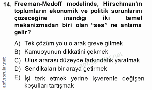 14. soru: Freeman-Medoff modelinde, Hirschman'ın toplumların ekonomik ve politik sorunlarını çözeceğine inandiğı iki temel meka…