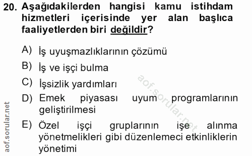 20. soru: Aşağıdakilerden hangisi kamu istihdam hizmetleri içerisinde yer alan başlıca faaliyetlerden biri değildir? A) İş uyuş…