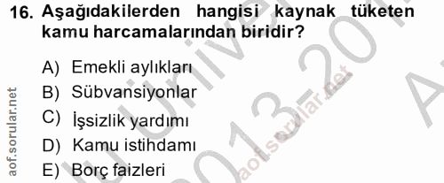 16. soru: Aşağıdakilerden hangisi kaynak tüketen kamu harcamalarından biridir? A) Emekli aylıkları B) Sübvansiyonlar C) İşsizli…