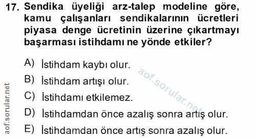 17. soru: Sendika üyeliği arz-talep modeline göre, kamu çalışanları sendikalarının ücretleri piyasa denge ücretinin üzerine çık…