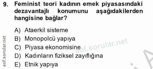 9. soru: Feminist teori kadının emek piyasasındaki dezavantajlı konumunu aşağıdakilerden hangisine bağlar? A) Ataerkil sisteme…