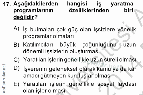 17. soru: Aşağıdakilerden hangisi iş yaratma programlarının özelliklerinden biri değildir? A) İş bulmaları çok güç olan işsizle…