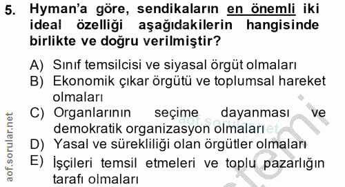 5. soru: Hyman'a göre, sendikaların en önemli iki ideal özelliği aşağıdakilerin hangisinde birlikte ve doğru verilmiştir? A) S…
