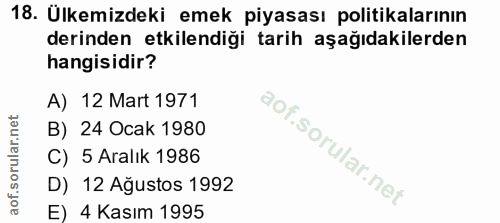18. soru: Ülkemizdeki emek piyasası politikalarının derinden etkilendiği tarih aşağıdakilerden hangisidir? A) 12 Mart 1971 B) 2…