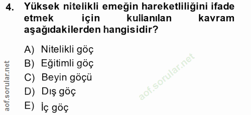 4. soru: Yüksek nitelikli emeğin hareketliliğini ifade etmek için kullanılan kavram aşağıdakilerden hangisidir? A) Nitelikli g…