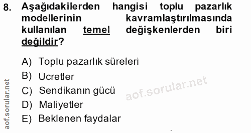 8. soru: Aşağıdakilerden hangisi toplu pazarlık modellerinin kavramlaştırılmasında kullanılan temel değişkenlerden biri değild…