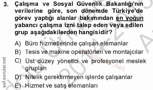 3. soru: Çalışma ve Sosyal Güvenlik Bakanlığı'nın verilerine göre, son dönemde Türkiye'de görev yaptığı alanlar bakımından en…