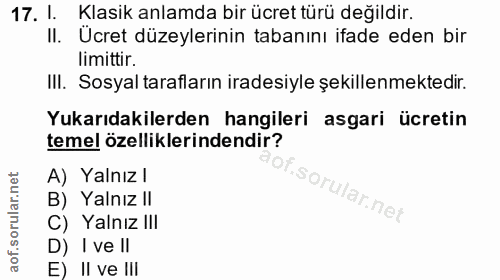 17. soru: 1. Klasik anlamda bir ücret türü değildir. II. Ücret düzeylerinin tabanını ifade eden bir limittir. IlI. Sosyal taraf…