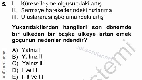 5. soru: I. Küreselleşme olgusundaki artış Il. Sermaye hareketlerindeki hızlanma IlI. Uluslararası işbölümündeki artış Yukarıd…