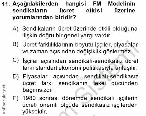 11. soru: Aşağıdakilerden hangisi FM Modelinin sendikaların ücret etkisi üzerine yorumlarından biridir? A) Sendikaların ücret ü…