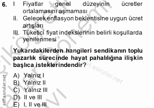6. soru: I Fiyatlar genel düzeyinin ücretler ortalamasını aşmaması II. Gelecek enflasyon beklentisine uygun ücret artışları Il…