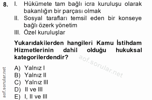 8. soru: I. Hükümete tam bağlı icra kuruluşu olarak bakanlığın bir parçası olmak Il. Sosyal tarafları temsil eden bir konseye…