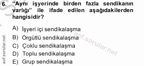 6. soru: "Aynı işyerinde birden fazla sendikanın varlığı" ile ifade edilen aşağıdakilerden hangisidir? A) İşyeri içi sendikala…