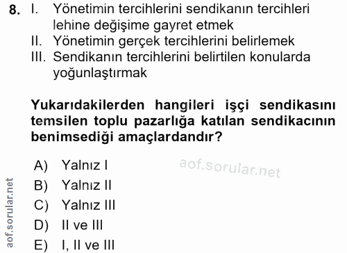 8. soru: I. Yönetimin tercihlerini sendikanın tercihleri lehine değişime gayret etmek II. Yönetimin gerçek tercihlerini belirl…