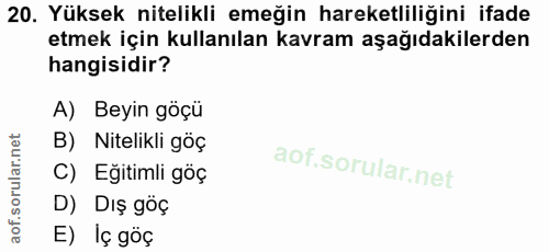 20. soru: Yüksek nitelikli emeğin hareketliliğini ifade etmek için kullanılan kavram aşağıdakilerden hangisidir? A) Beyin göçü…