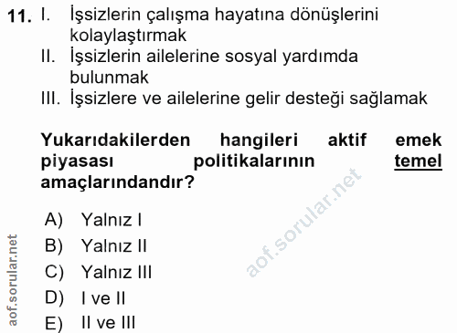 11. soru: I. İşsizlerin çalışma hayatına dönüşlerini kolaylaştırmak II. İşsizlerin ailelerine sosyal yardımda bulunmak III. İşs…