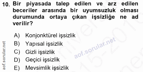 10. soru: Bir piyasada talep edilen ve arz edilen beceriler arasında bir uyumsuzluk olması durumunda ortaya çıkan işsizliğe ne…