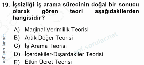 19. soru: İşsizliği iş arama sürecinin doğal bir sonucu olarak gören teori aşağıdakilerden hangisidir? A) Marjinal Verimlilik T…