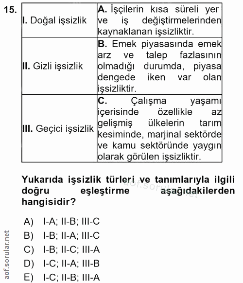 15. soru: A. İşçilerin kısa süreli yer l. Doğal işsizlik ve iş degiştirmelerinden kaynaklanan işsizliktir. B. Emek piyasasında…