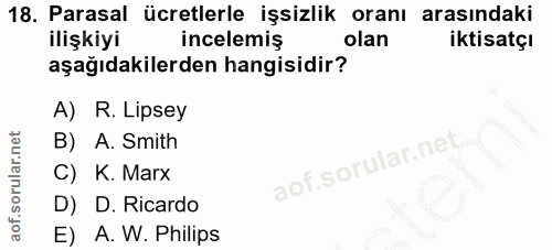18. soru: Parasal ücretlerle işsizlik oranı arasındaki ilişkiyi incelemiş olan iktisatçı aşağıdakilerden hangisidir? A) R. Lips…