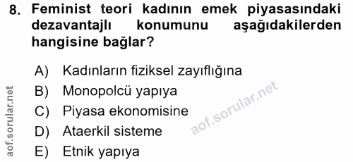 8. soru: Feminist teori kadının emek piyasasındaki dezavantajlı konumunu aşağıdakilerden hangisine bağlar? A) Kadınların fizik…